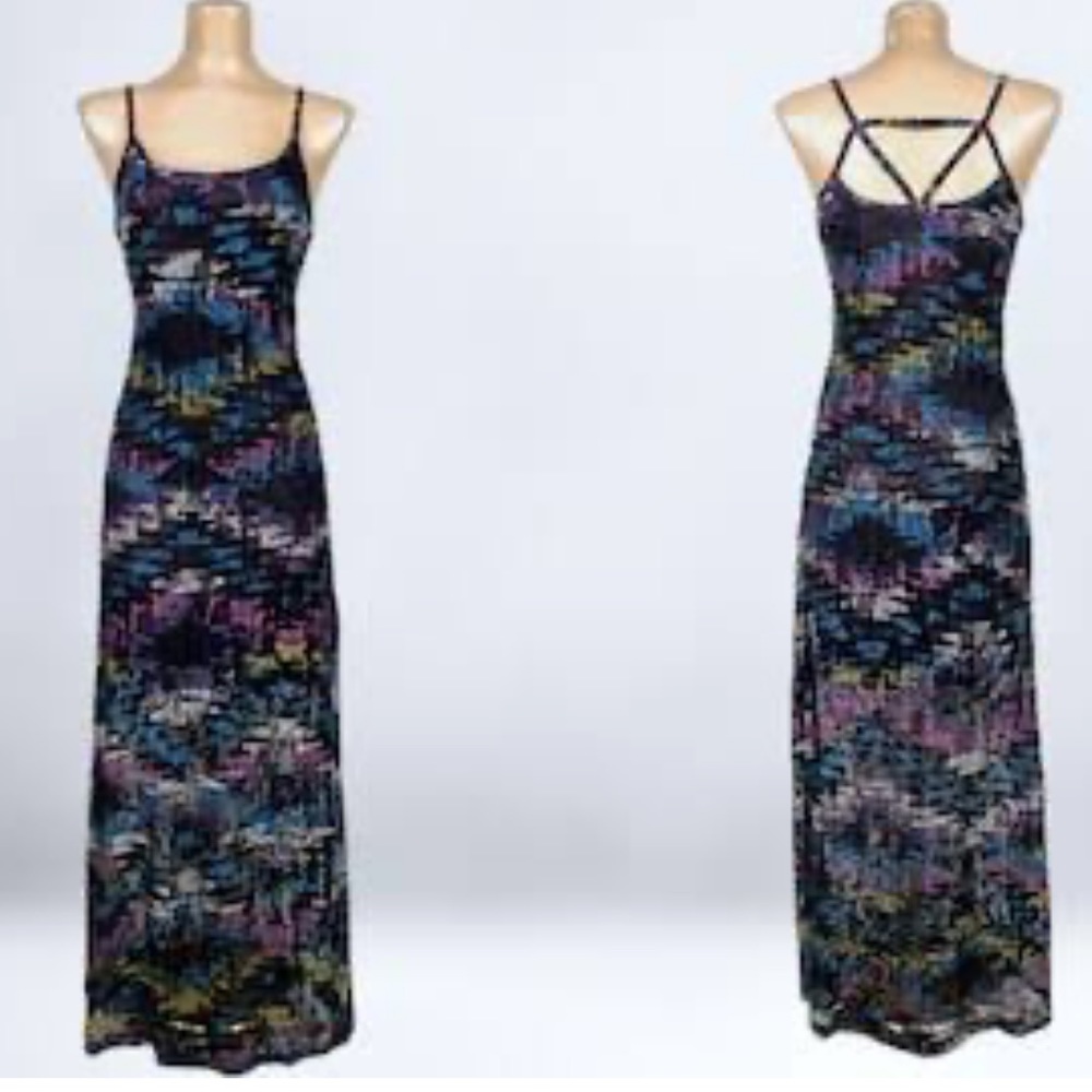 VINTAGE 90s Y2K Digital Print Stretch Mesh Maxi Dress With Strappy Back - Picture 2 of 11
